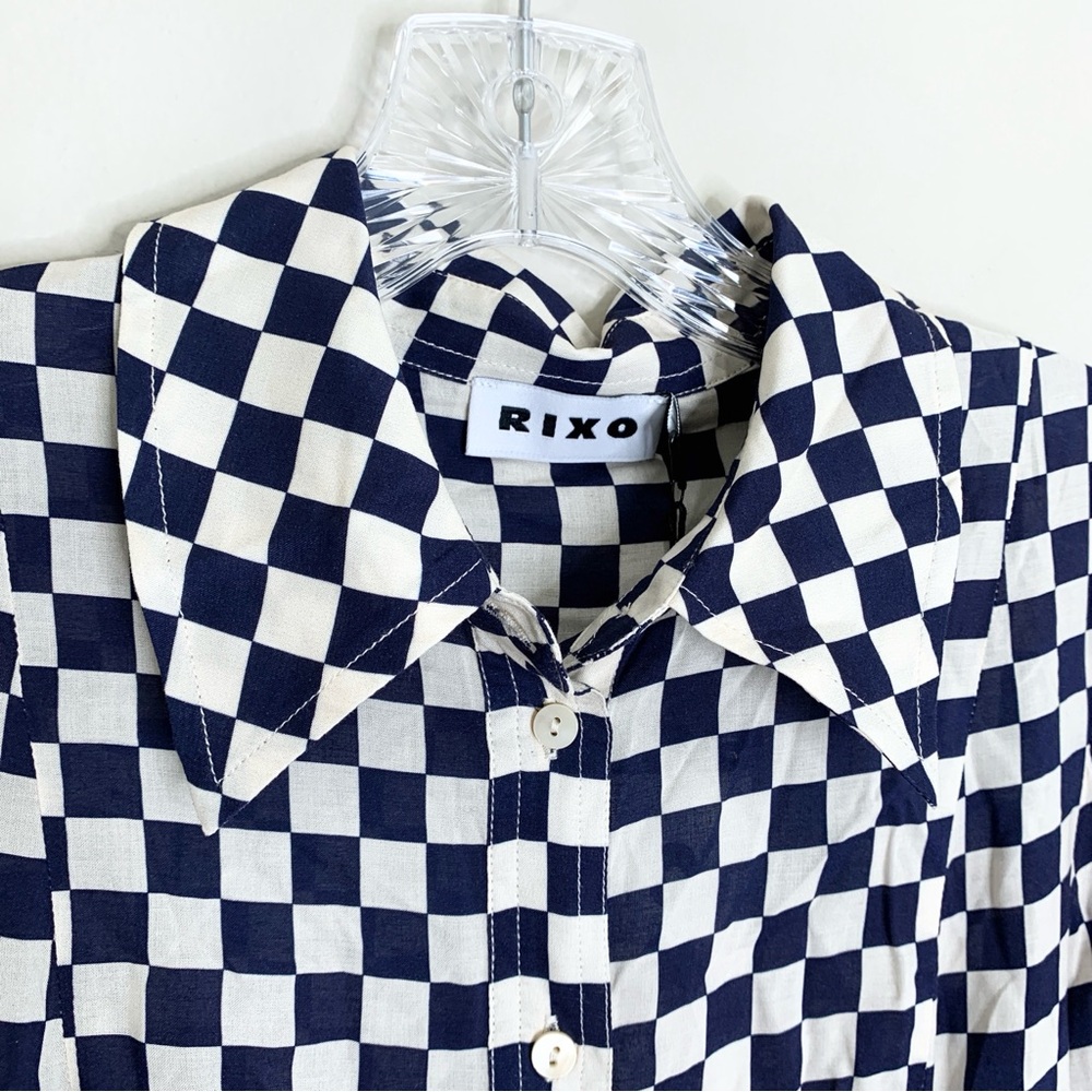 NEW RIXO Maddison Shirtdress (Sz XS) Long Sleeve Midi Navy Cream Checkerboard - Picture 6 of 16